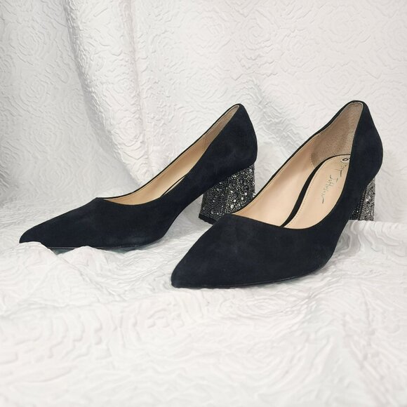 Betsy Johnson Women's Black Suede silver rhinestone chunky heel pump size 6.5 - Picture 5 of 8